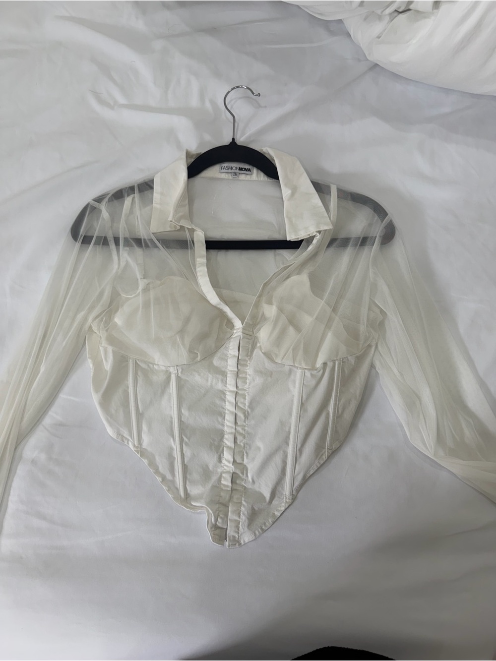 Fashion Nova Ivory Sheer Corset Bodysuit with Long Sleeves